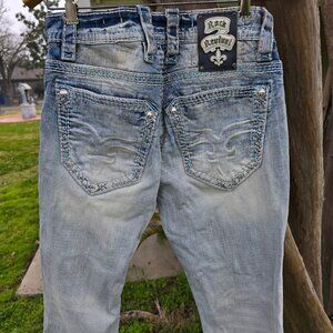 Men's Rock Revival Slim Boot Walden Embellished Distressed Denim Jeans  29 *29.5